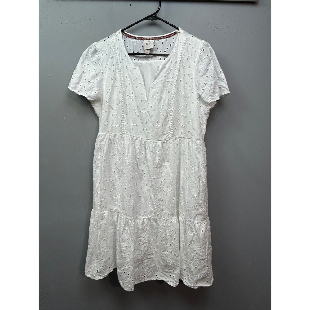 Knox Rose Dress Womens Large White Eyelet Tiered V-Neck Mini Short Sleeve Party
